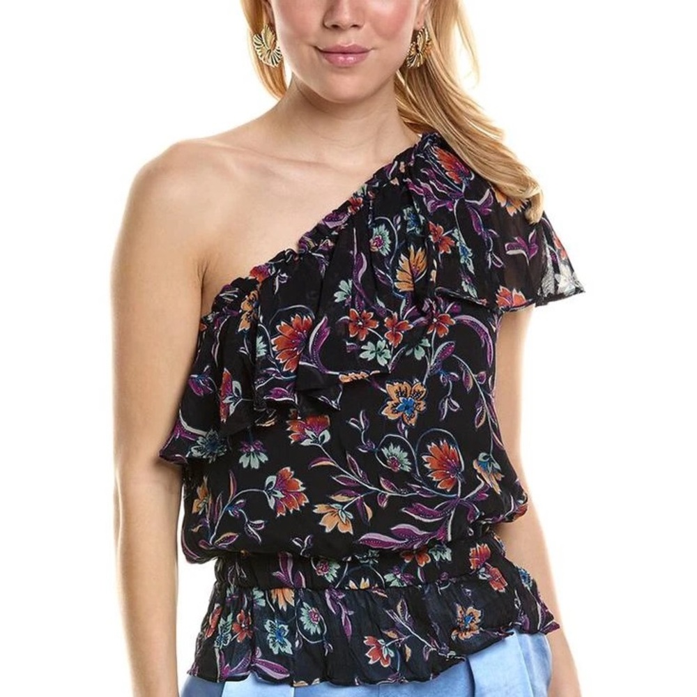 Ramy Brook Floral Printed Aurora Navy Jardin Blue One Shoulder Top EUC Small - Picture 3 of 12